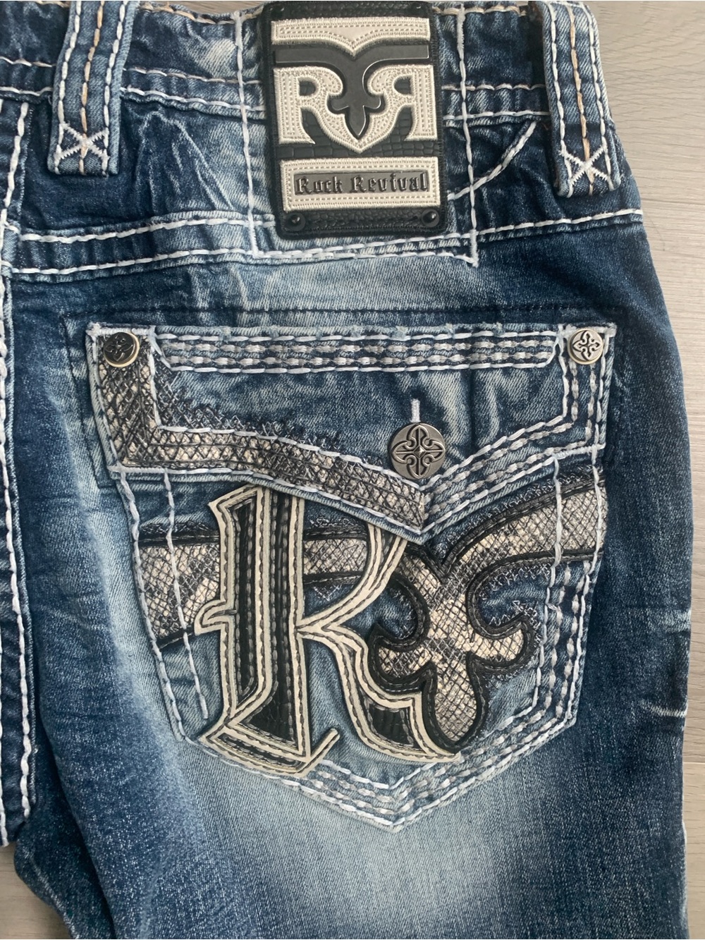 Rock Revival Toby Straight Distressed Snake Skin Printed Blue Jeans 32W/32L - Picture 8 of 13